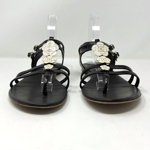 Chanel Black Leather Gladiator Strappy Enamel Flower Logo Flat Sandals - Picture 2 of 7